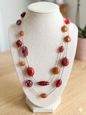 Vintage Red & Carnelian Glass Bead Opera Length Necklace - 44"